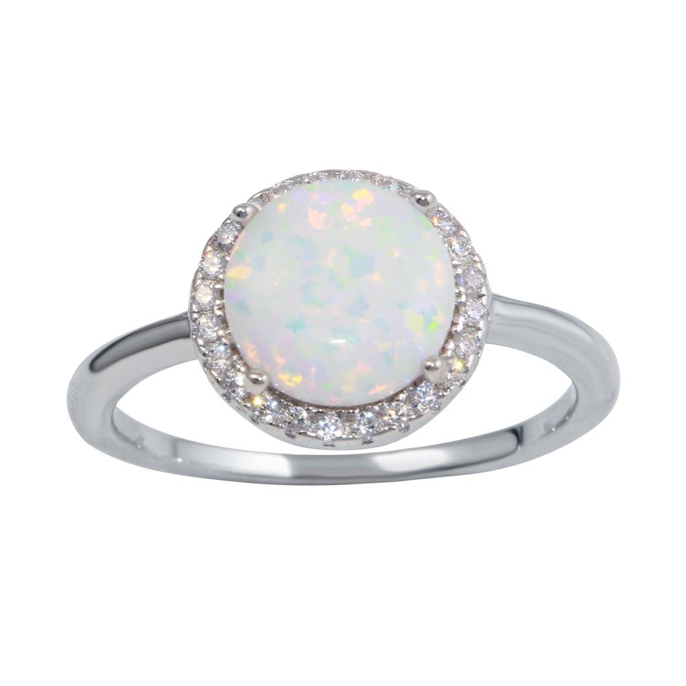 Rhodium Plated 925 Sterling Silver Round Synthetic Opal Ring with CZ Sizes 5-9