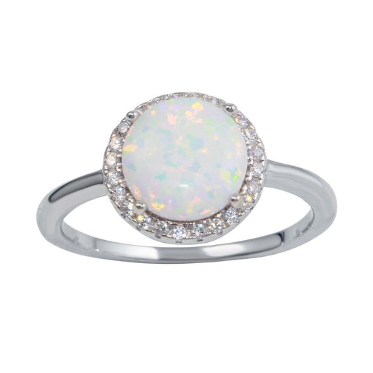 Rhodium Plated 925 Sterling Silver Round Synthetic Opal Ring with CZ Sizes 5-9
