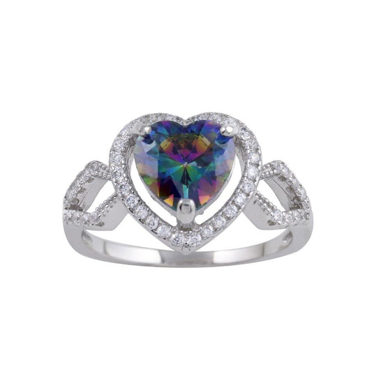 Rhodium Plated 925 Sterling Silver Halo Heart Mystic Topaz CZ Ring Sizes 5-9