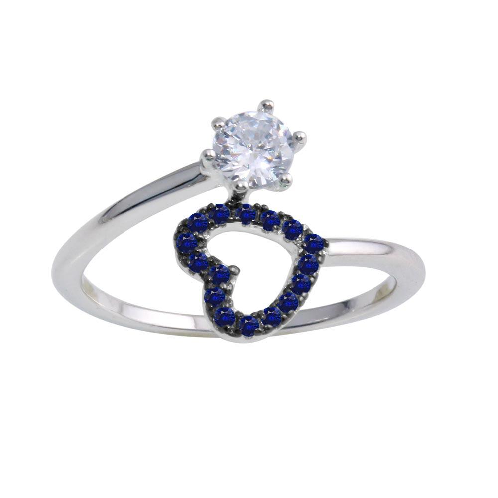 Rhodium Plated 925 Sterling Silver Heart Ring Blue Clear CZ Band Sizes 5-9