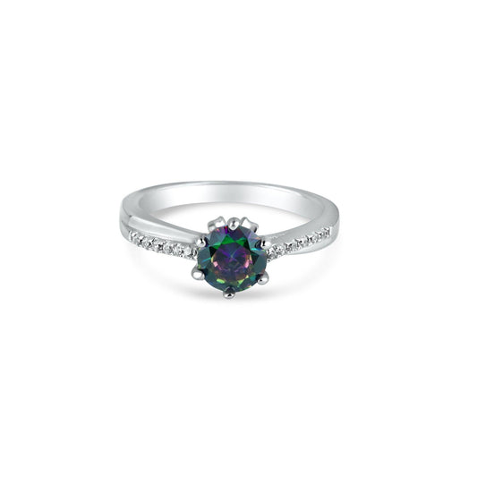 Rhodium Plated 925 Sterling Silver Round Mystic Topaz CZ Ring Band Sizes 5-9