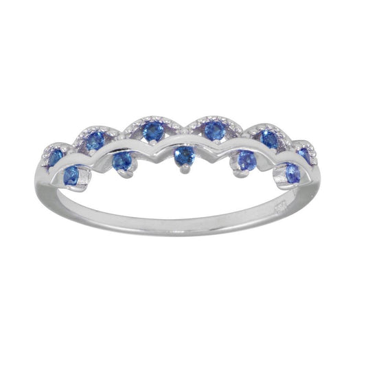 Polished Rhodium Plated 925 Sterling Silver Wavy Ring Blue CZ Band Sizes 5-9