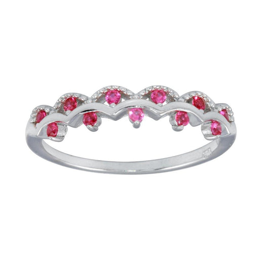 High Polished Rhodium Plated 925 Sterling Silver Wavy Ring Red CZ Band Sizes 5-9