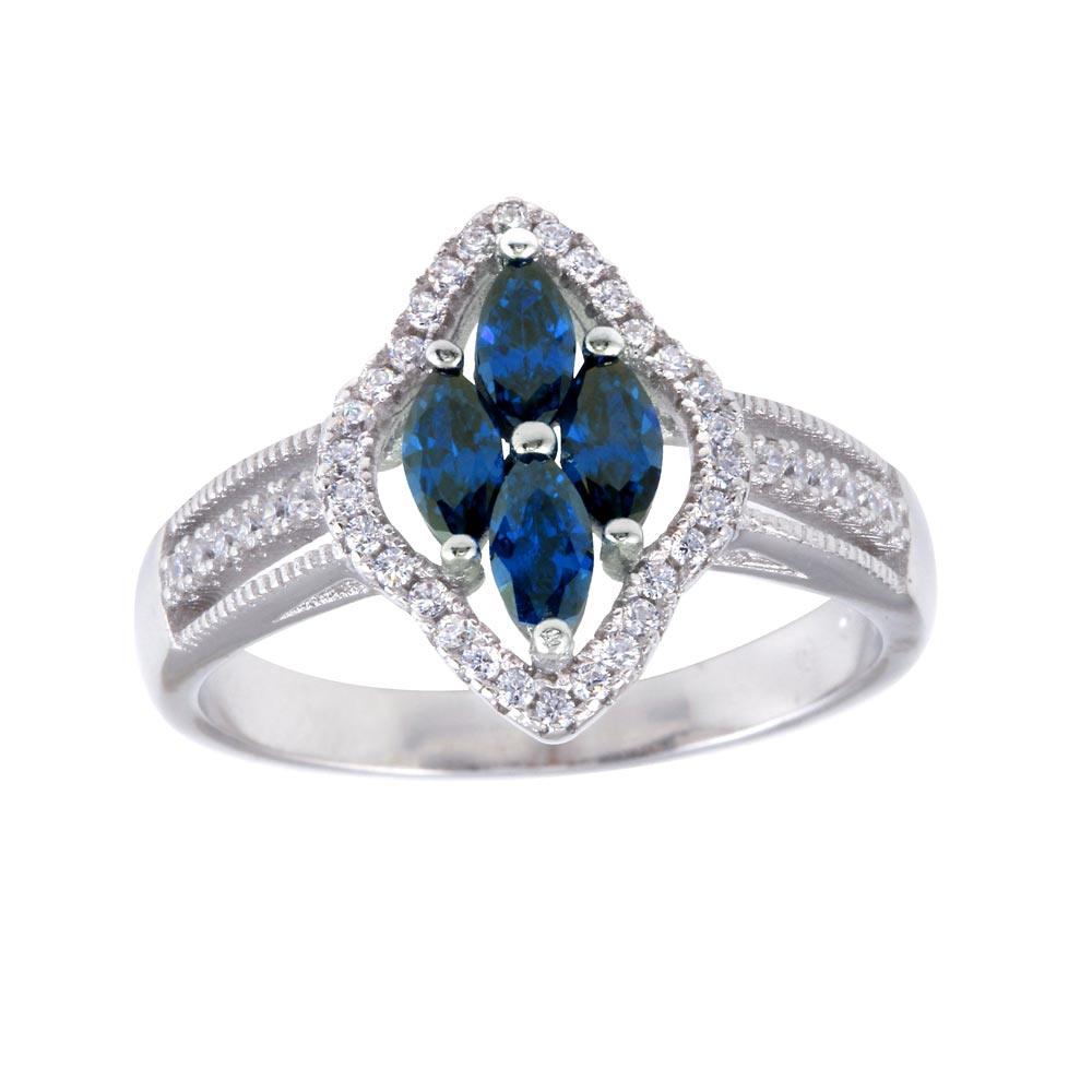 Rhodium Plated 925 Sterling Silver Blue Marquise CZ Ring Band Sizes 5-9