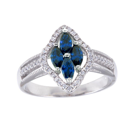Rhodium Plated 925 Sterling Silver Blue Marquise CZ Ring Band Sizes 5-9