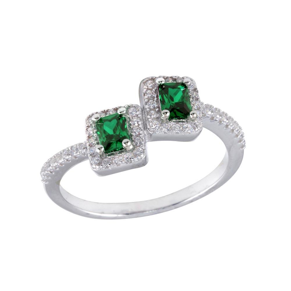 Rhodium Plated 925 Sterling Silver Double Square Green CZ Ring Band Sizes 5-9