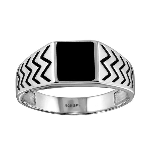 Rhodium Plated 925 Sterling Silver Black Enamel Zig Zag Shank Ring Sizes 9-12