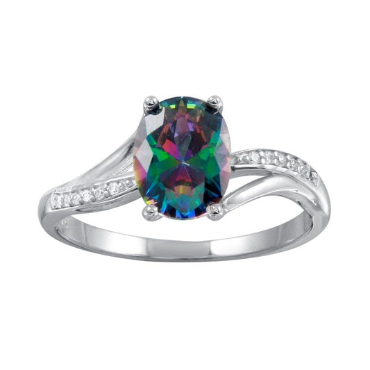 Rhodium Plated 925 Sterling Silver Oval Mystic Topaz CZ Ring Band Sizes 5-9