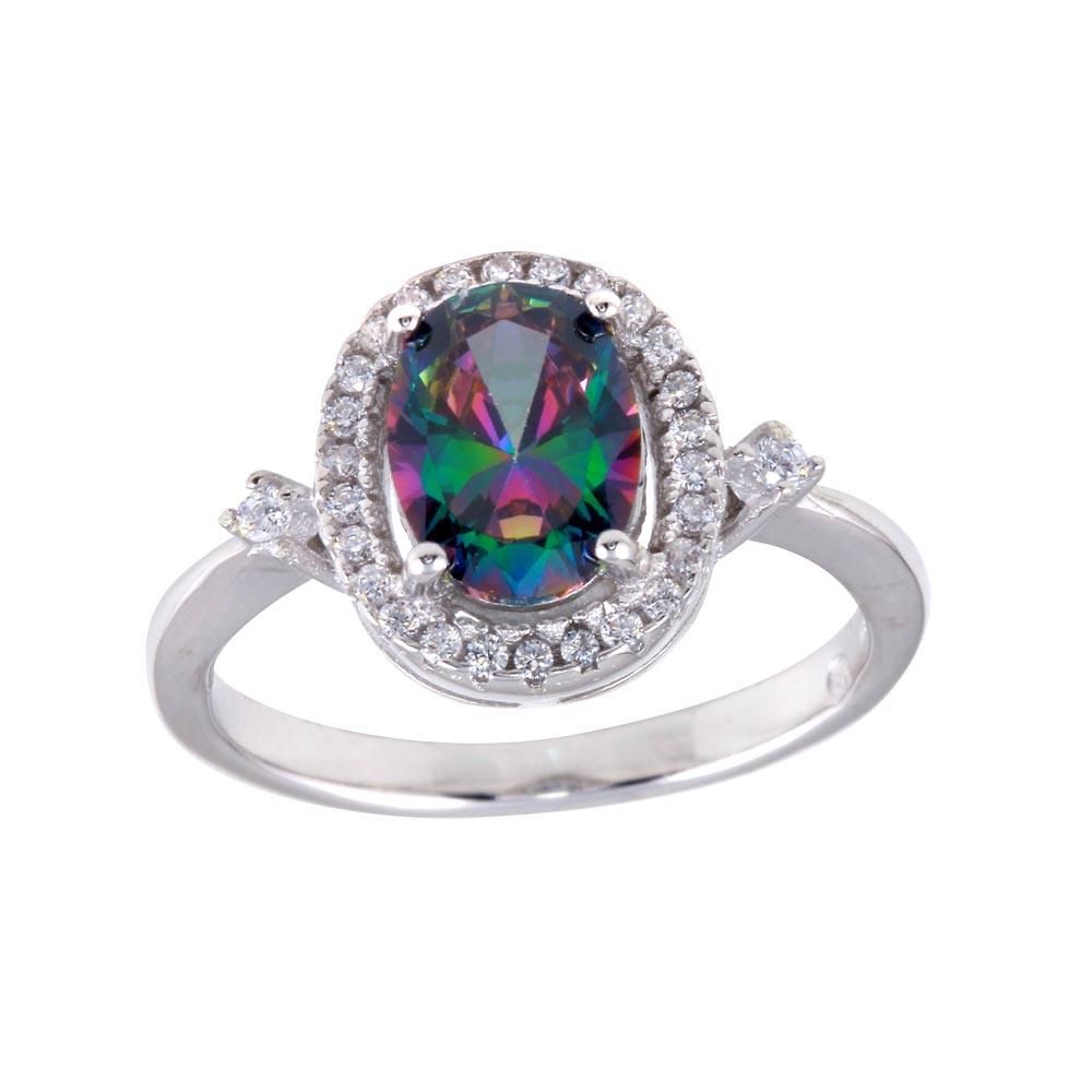 Rhodium Plated 925 Sterling Silver Oval Solitaire Mystic Topaz CZ Ring Sizes 5-9