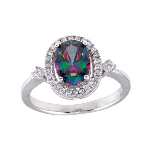 Rhodium Plated 925 Sterling Silver Oval Solitaire Mystic Topaz CZ Ring Sizes 5-9