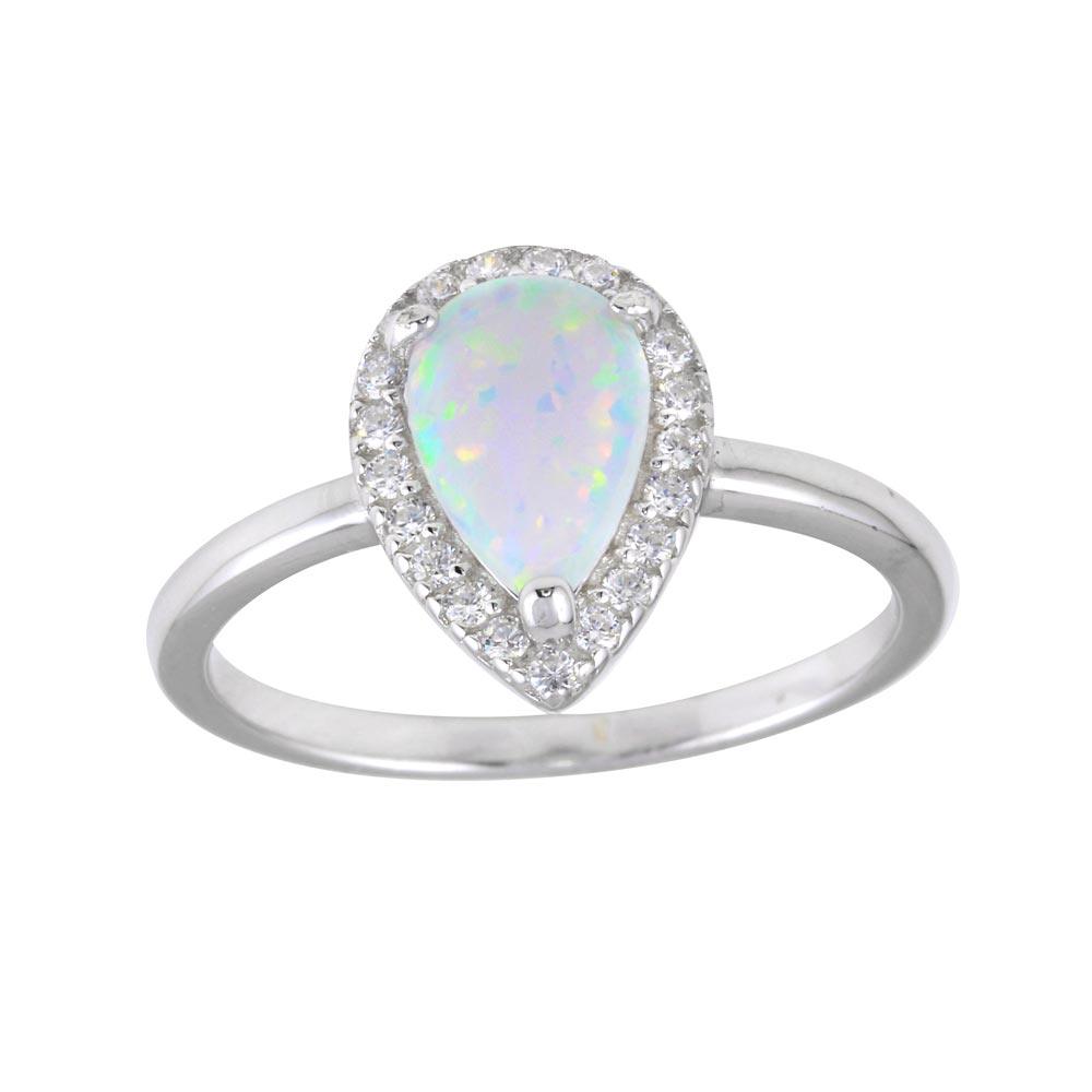 Rhodium Plated 925 Sterling Silver Teardrop Synthetic Opal CZ Ring Sizes 5-9