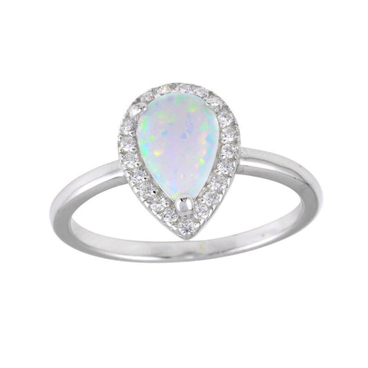 Rhodium Plated 925 Sterling Silver Teardrop Synthetic Opal CZ Ring Sizes 5-9