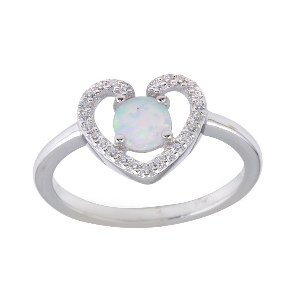 Rhodium Plated 925 Sterling Silver Heart Synthetic Opal CZ Ring Band Sizes 5-9