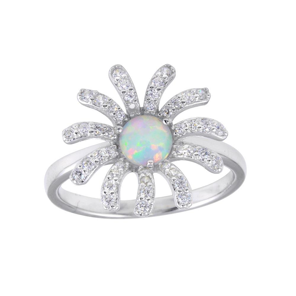 Rhodium Plated 925 Sterling Silver Flower Synthetic Opal CZ Ring Band Sizes 5-9