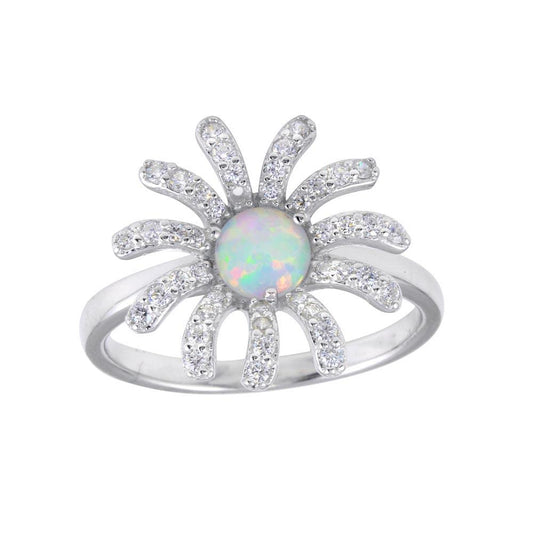Rhodium Plated 925 Sterling Silver Flower Synthetic Opal CZ Ring Band Sizes 5-9