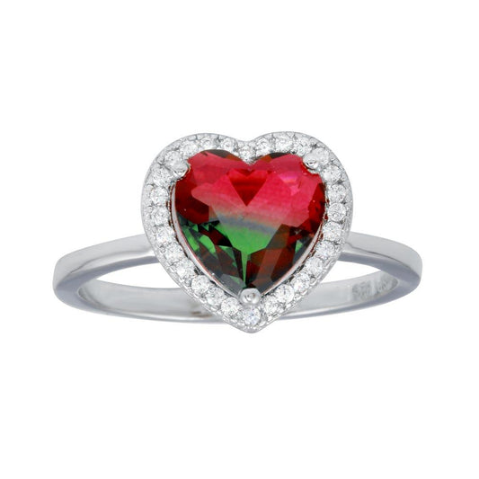Rhodium Plated 925 Sterling Silver Heart Green to Red Gradient CZ Ring Sizes 5-9