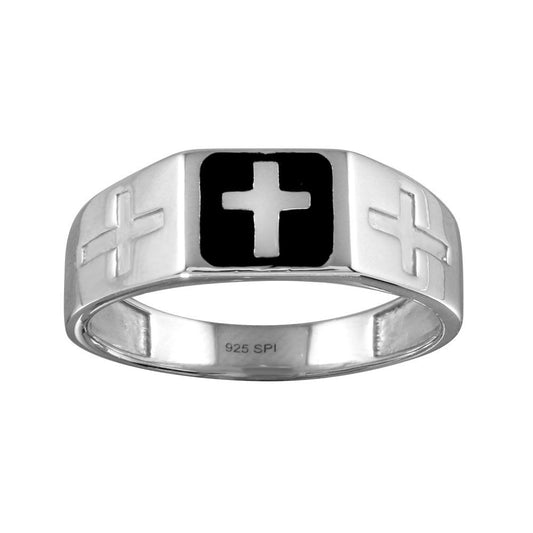 Rhodium Plated 925 Sterling Silver Black Enamel Cross Ring Band Sizes 9-12