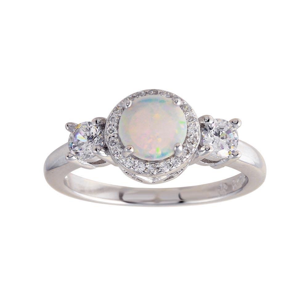 Rhodium Plated 925 Sterling Silver Round Synthetic Opal Halo CZ Ring Sizes 5-9