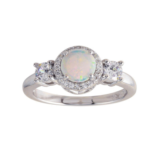 Rhodium Plated 925 Sterling Silver Round Synthetic Opal Halo CZ Ring Sizes 5-9