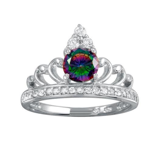 Rhodium Plated 925 Sterling Silver Crown Mystic Topaz CZ Band Ring Sizes 5-9