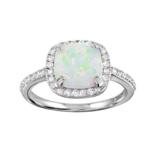 Rhodium Plated 925 Sterling Silver Square Halo Synthetic Opal CZ Ring Sizes 5-9
