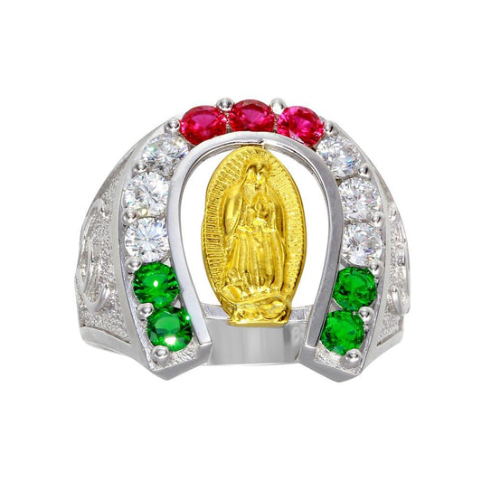 Rhodium Plated 925 Sterling Silver Horseshoe Multi Color CZ Ring Sizes 9-12