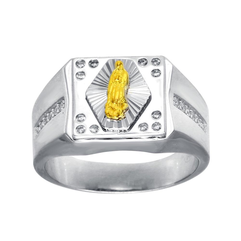 Rhodium Plated 925 Sterling Silver Clear CZ Guadalupe Christian Ring Sizes 9-12