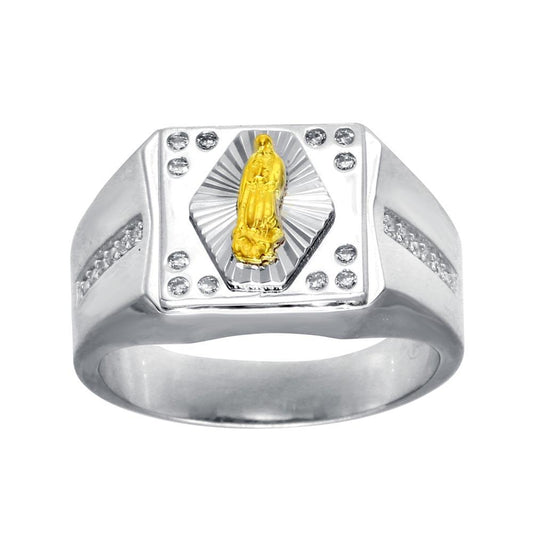 Rhodium Plated 925 Sterling Silver Clear CZ Guadalupe Christian Ring Sizes 9-12