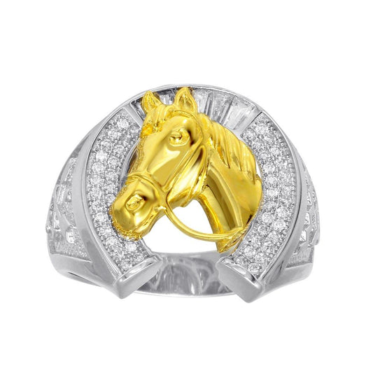 Two-Tone Sterling Silver 925 Clear CZ Horseshoe Gold Horse Ring Sizes 9-12