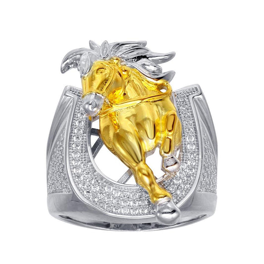 Two-Tone 925 Sterling Silver Clear CZ Horseshoe Gold Horse Band Ring Sizes 9-12