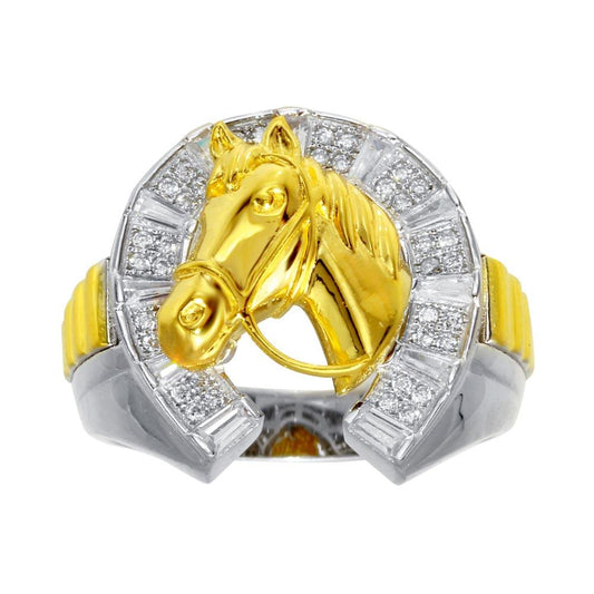 Two-Tone Sterling Silver 925 Clear CZ Horseshoe Horse Band Ring Sizes 9-12