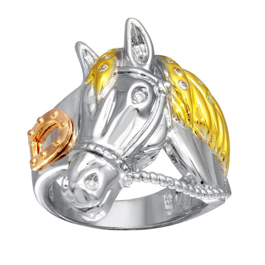 Three-Tone 925 Gold Plated Sterling Silver Clear CZ Rope Horse Ring Sizes 9-12