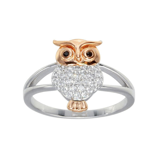 Two-Tone 925 Rose Gold Plated Sterling Silver Clear CZ Owl Ring Sizes 5-9