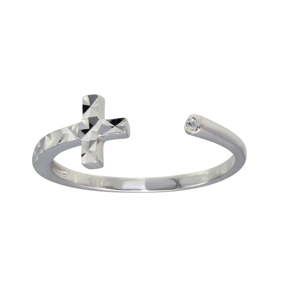 Rhodium Plated 925 Sterling Silver CZ Diamond-Cut Open Cross Ring Sizes 5-9