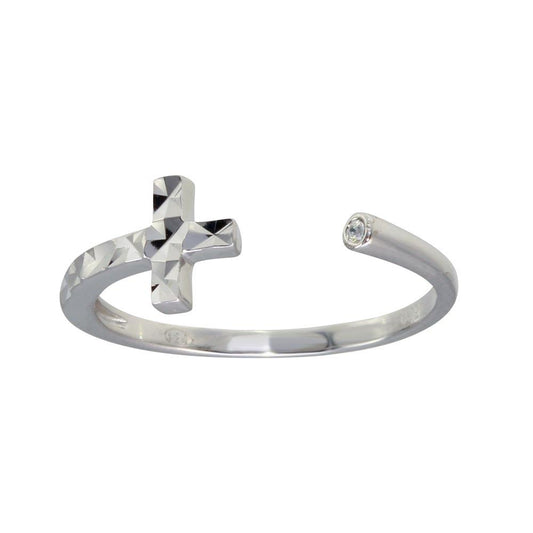 Rhodium Plated 925 Sterling Silver CZ Diamond-Cut Open Cross Ring Sizes 5-9