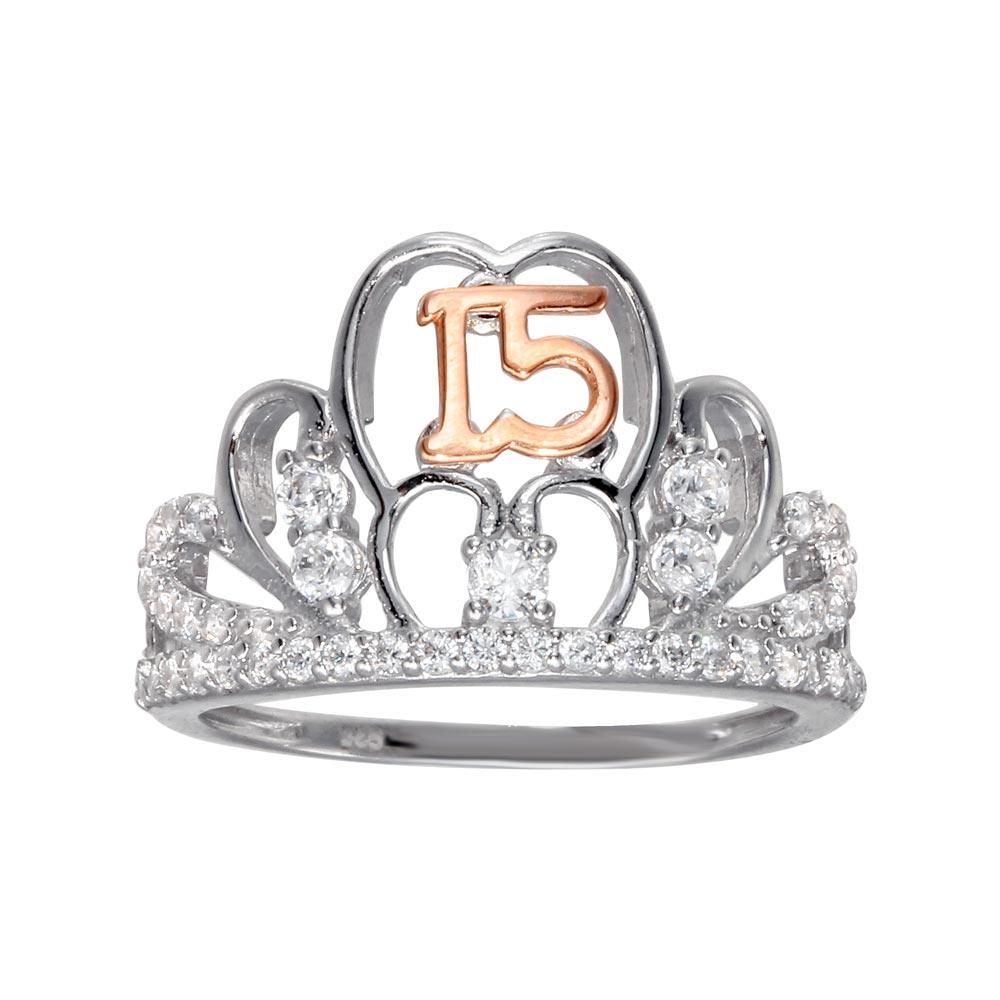 925 Rose Gold Plated Sterling Silver CZ 15 Quinceanera Tiara Ring Sizes 5-9