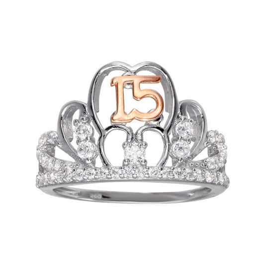 925 Rose Gold Plated Sterling Silver CZ 15 Quinceanera Tiara Ring Sizes 5-9