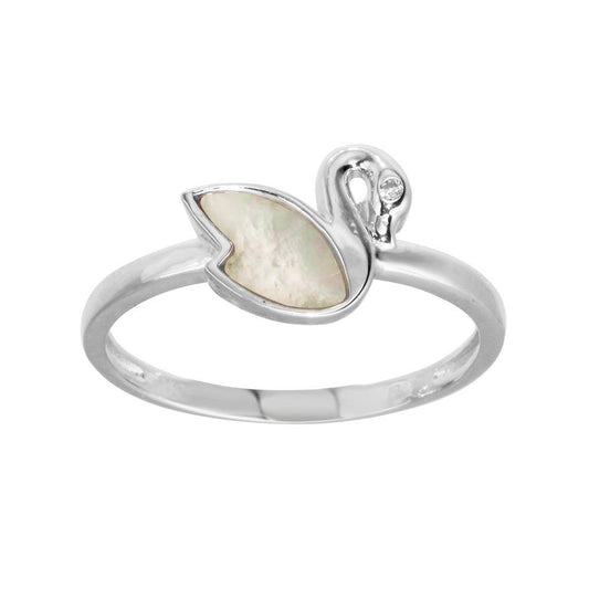 Rhodium Plated Sterling Silver CZ Swan Synthetic Mother of Pearl Ring Sizes 5-9