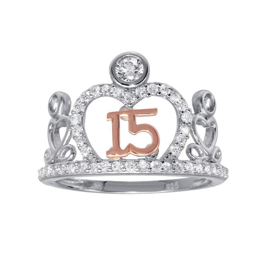 Rose Gold Plated Sterling Silver Clear CZ Quinceanera 15 Tiara Ring Sizes 5-9