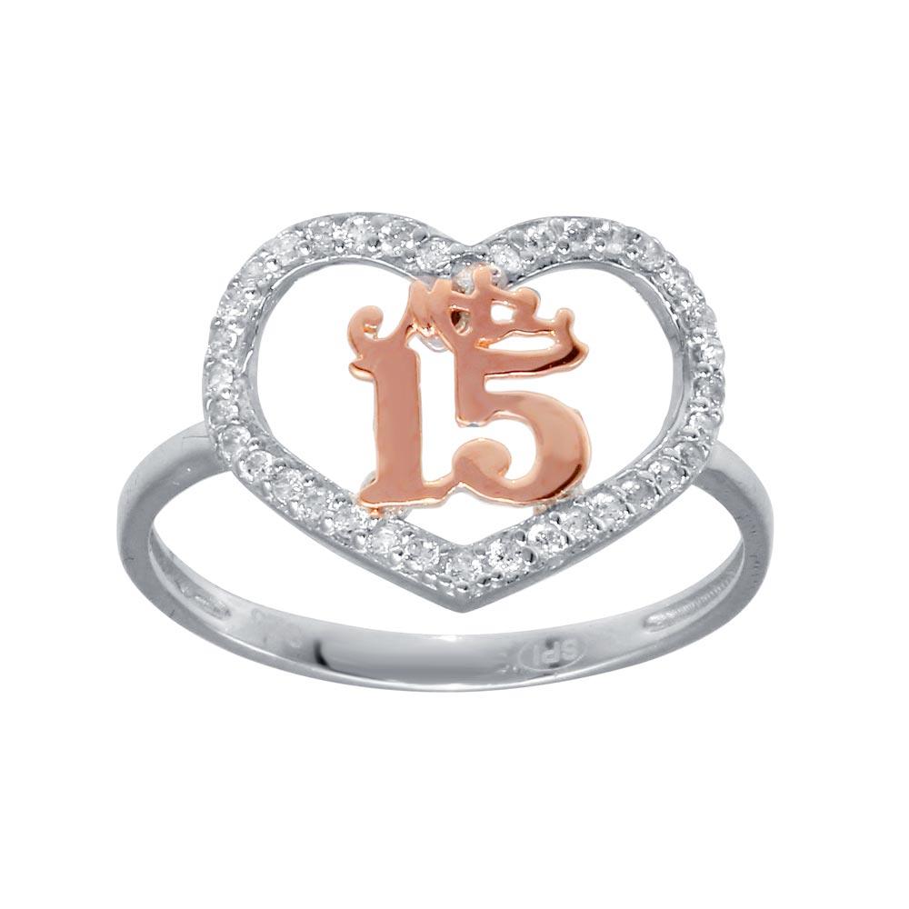 Rose Gold Plated Sterling Silver Clear CZ Quinceanera Heart Ring Sizes 5-9