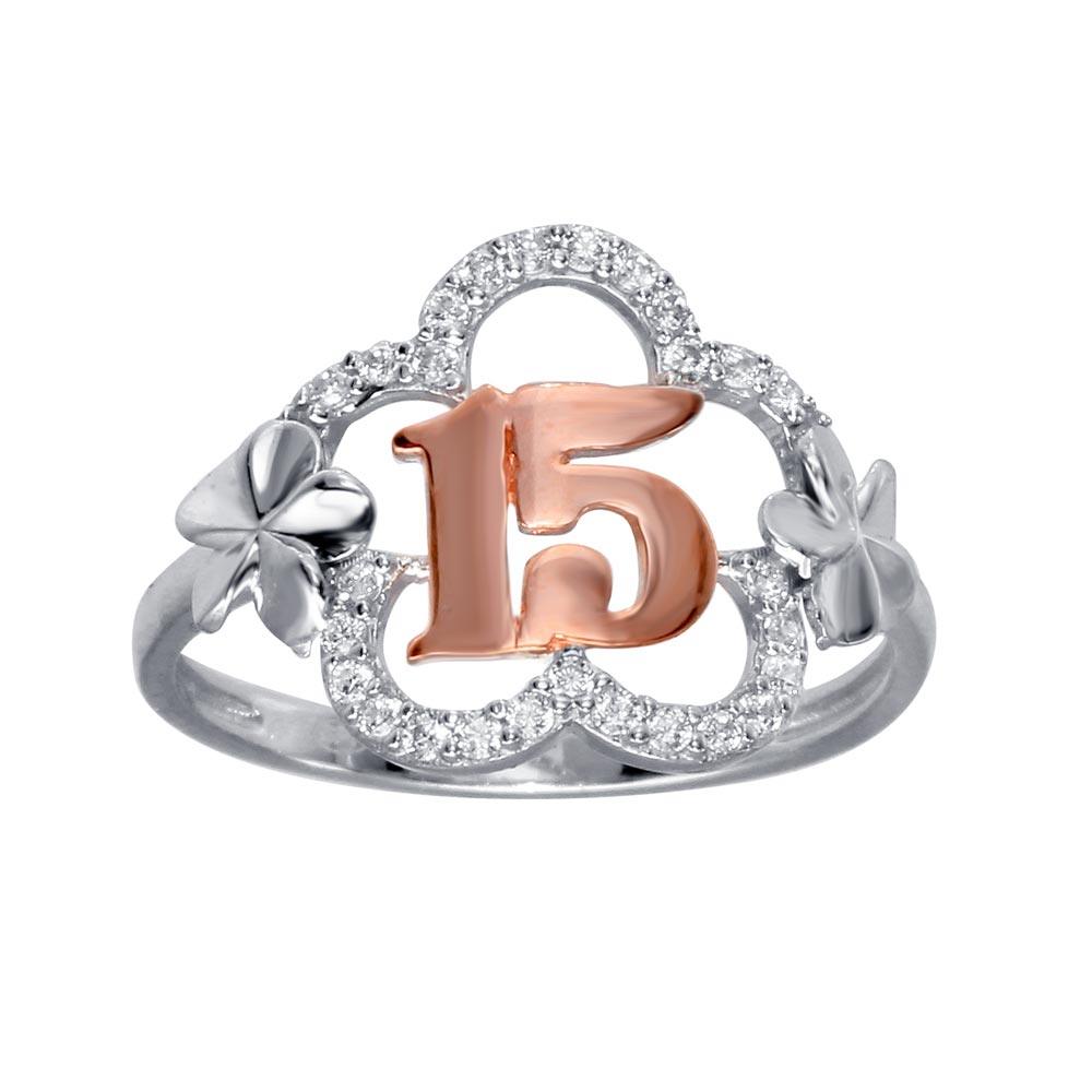 Rose Gold Plated Sterling Silver .925 CZ Quinceanera 15 Flower Ring Sizes 5-9
