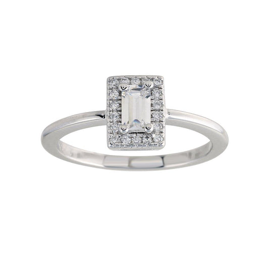 Rhodium Plated 925 Sterling Silver Baguette Halo Clear CZ Ring Sizes 5-9