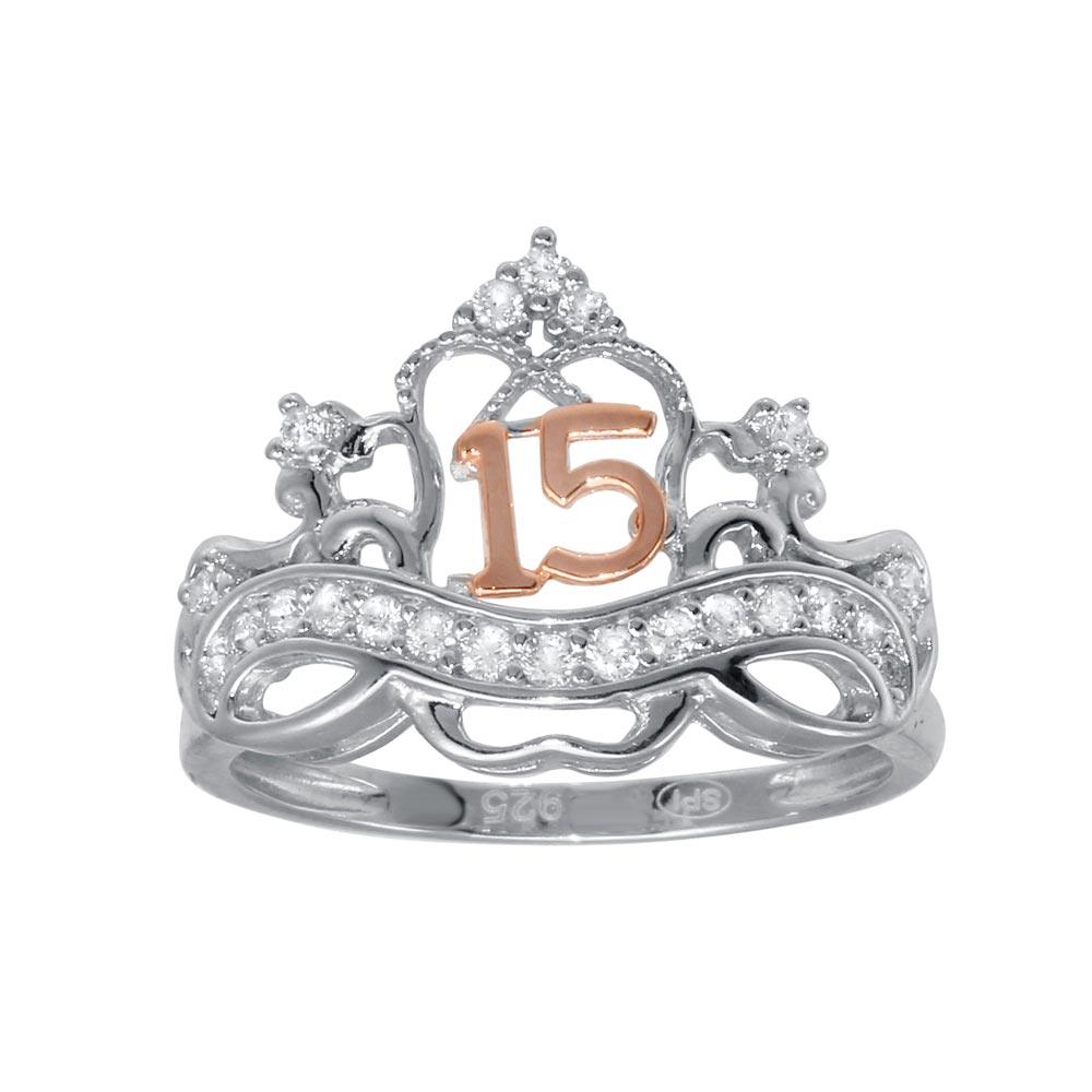 Rose Gold Plated Sterling Silver .925 CZ Quinceanera Crown Band Ring Sizes 5-9