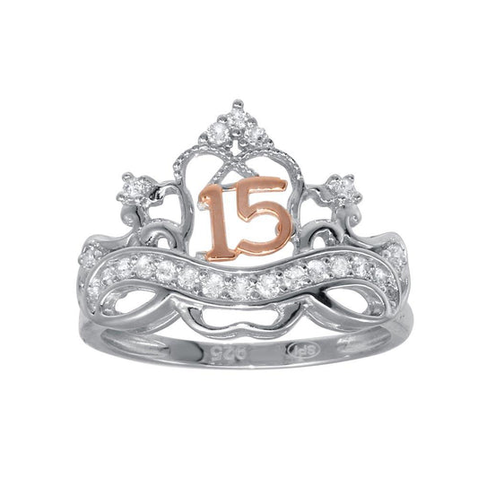 Rose Gold Plated Sterling Silver .925 CZ Quinceanera Crown Band Ring Sizes 5-9
