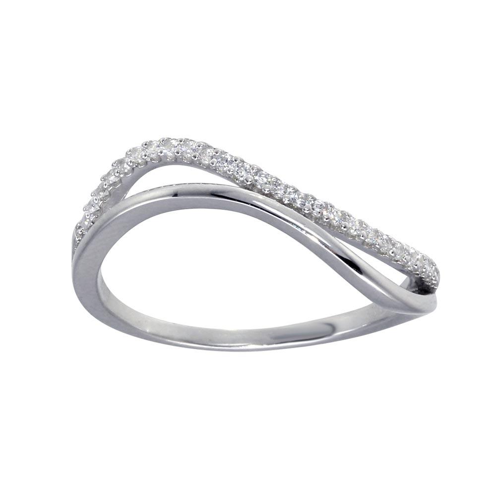 Rhodium Plated 925 Sterling Silver Double Wave Band Clear CZ Ring Sizes 5-9