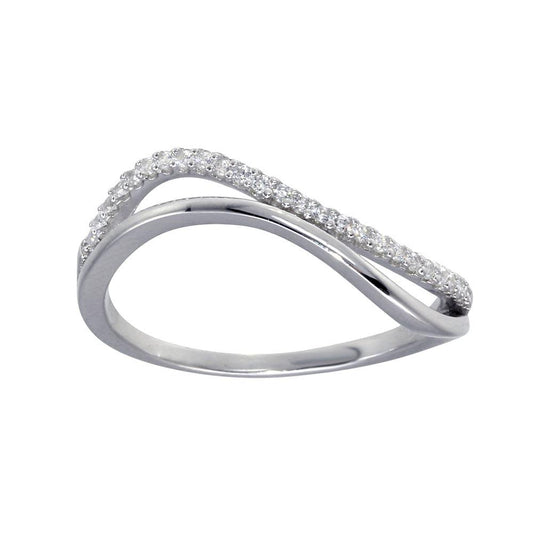 Rhodium Plated 925 Sterling Silver Double Wave Band Clear CZ Ring Sizes 5-9