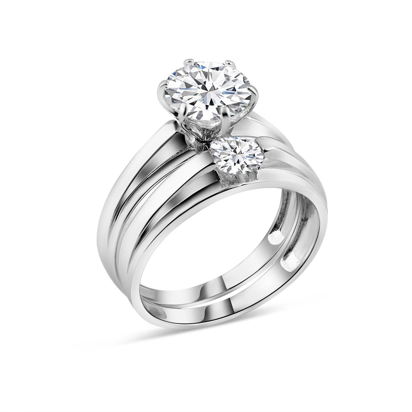 Rhodium Plated 925 Sterling Silver Round Clear CZ Bordered Trios Ring Sizes 5-9