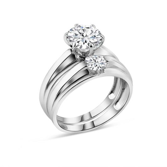 Rhodium Plated 925 Sterling Silver Round Clear CZ Bordered Trios Ring Sizes 5-9