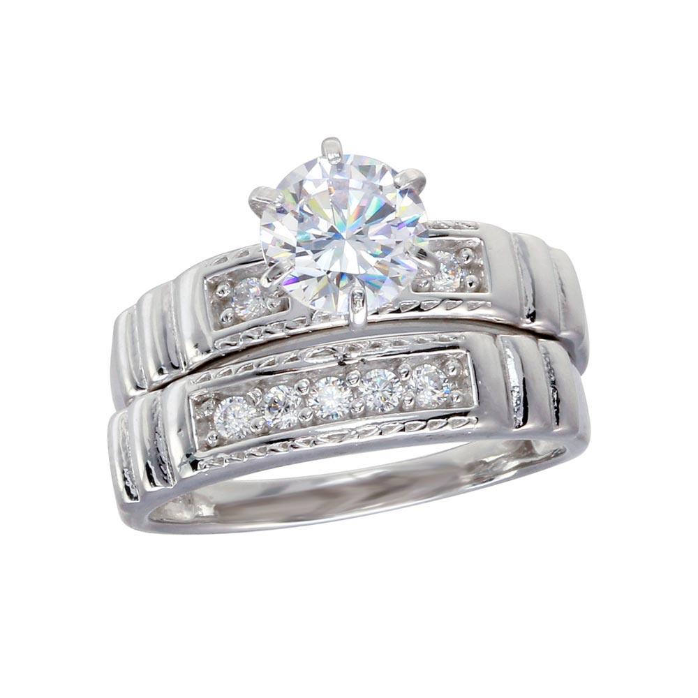 Rhodium Plated 925 Sterling Silver Round Clear CZ Trios Band Ring Sizes 5-9