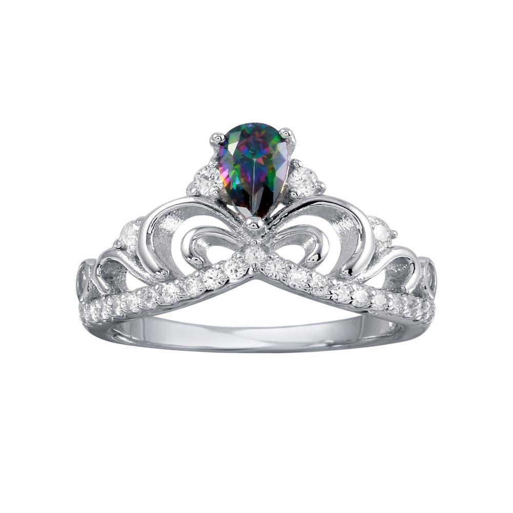 Rhodium Plated 925 Sterling Silver Crown Mystic Topaz CZ Band Ring Sizes 5-9